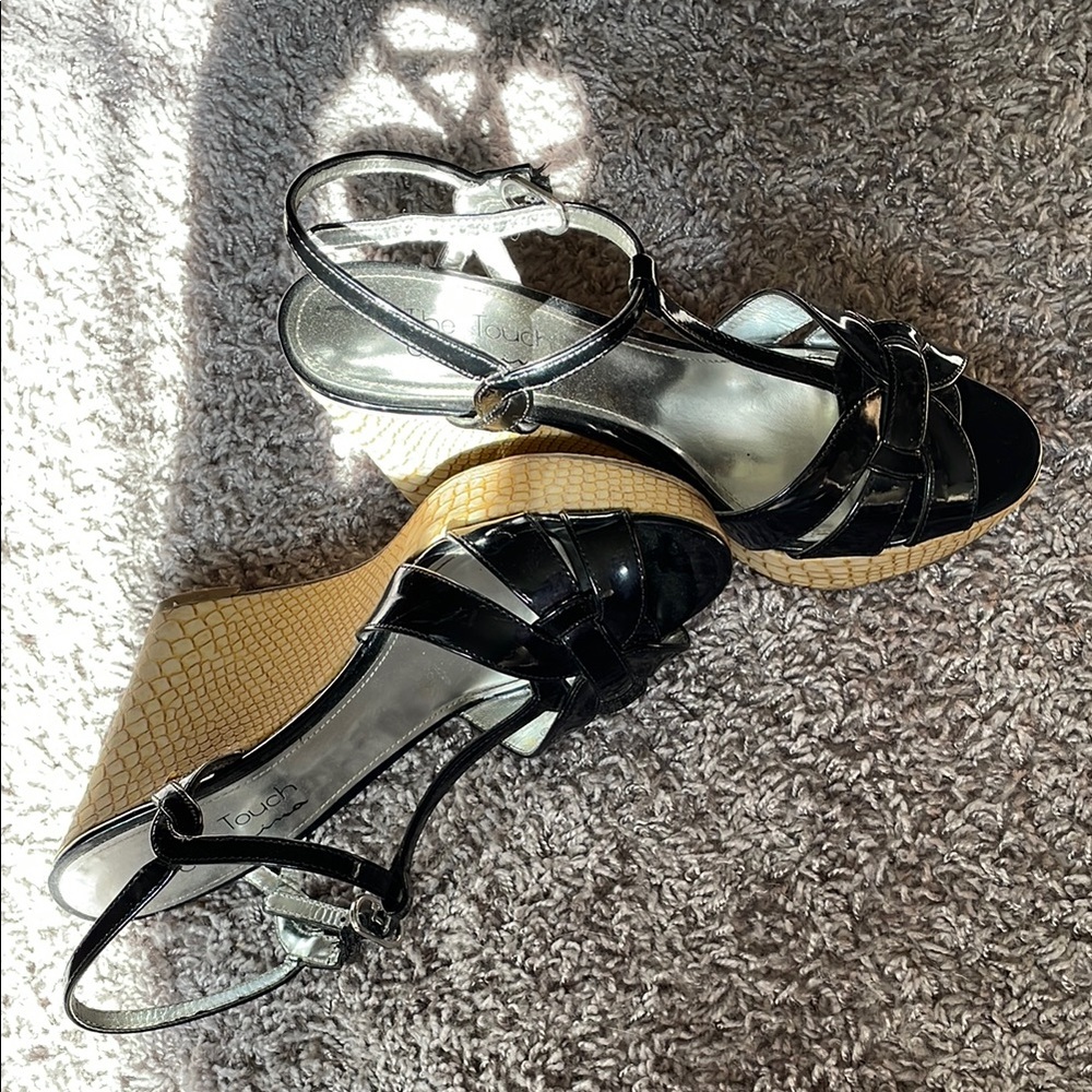 Black Patent Leather-Tan Wedge Sandals